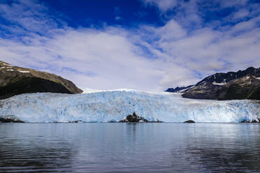 Aialik Glacier and mountains, perfect summer day, Harding Icefield, Kenai Fjords National Park, near Seward, Alaska, United States of America, North America - RHPLF02416