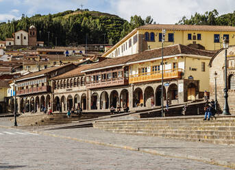 Colonial houses with balconies, Main Square, UNESCO World Heritage Site, Cusco, Peru, South America - RHPLF02498