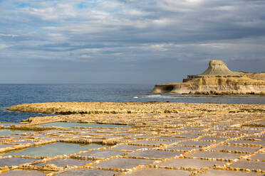 Traditional salt pans cut into the rock on the coast of Gozo, Malta, Mediterranean, Europe - RHPLF02828