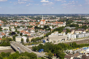 Aerial view of Augsburg cityscape against sky during sunny day, Germany - FCF01801