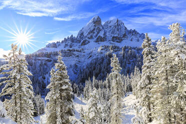 Sass de Putia und Wald nach einem Schneefall, Funes Tal, Südtirol, Dolomiten, Italien, Europa - RHPLF03166