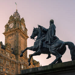 Duke of Wellington monument with the Balmoral clock behind, Edinburgh, Scotland, United Kingdom, Europe - RHPLF03295