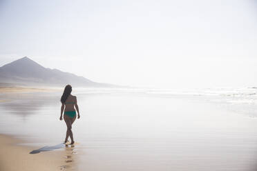 Rückenansicht einer Frau, die bei Ebbe am Strand spazieren geht, Fuerteventura, Spanien - ABZF02525