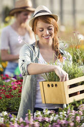 Beautiful young woman taking care of plants and flowers in the greenhouse - JSRF00560