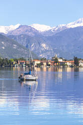 Sailboat on the lake in front Mandello del Lario, Province of Lecco, Lake Como, Italian Lakes, Lombardy, Italy, Europe - RHPLF03562