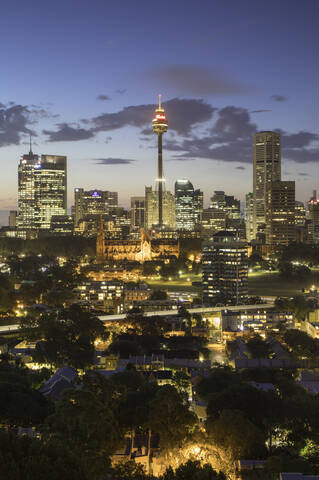 Blick auf die Skyline bei Sonnenuntergang, Sydney, New South Wales, Australien, Pazifik, lizenzfreies Stockfoto