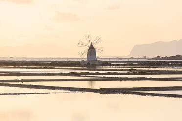 Windmill in the salt flats, Saline dello Stagnone, Marsala, province of Trapani, Sicily, Italy, Mediterranean, Europe - RHPLF03994