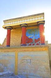 Stier und Olivenbaum Fresko, Der minoische Palast von Knossos, Knossos, Heraklion, Kreta, Griechische Inseln, Griechenland, Europa - RHPLF04112