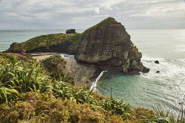 The surfers' paradise and volcanic black sand beach at Piha, showing Lion Rock, a monolith housing many Maori carvings, Auckland area, North Island, New Zealand, Pacific - RHPLF04213