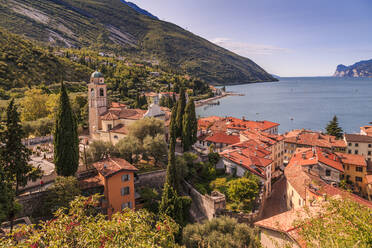 Panoramic view of Lake Garda, Chiesa di S. Andrea and the port of Torbole, Lake Garda, Province of Trento, Italian Lakes, Italy, Europe - RHPLF04267