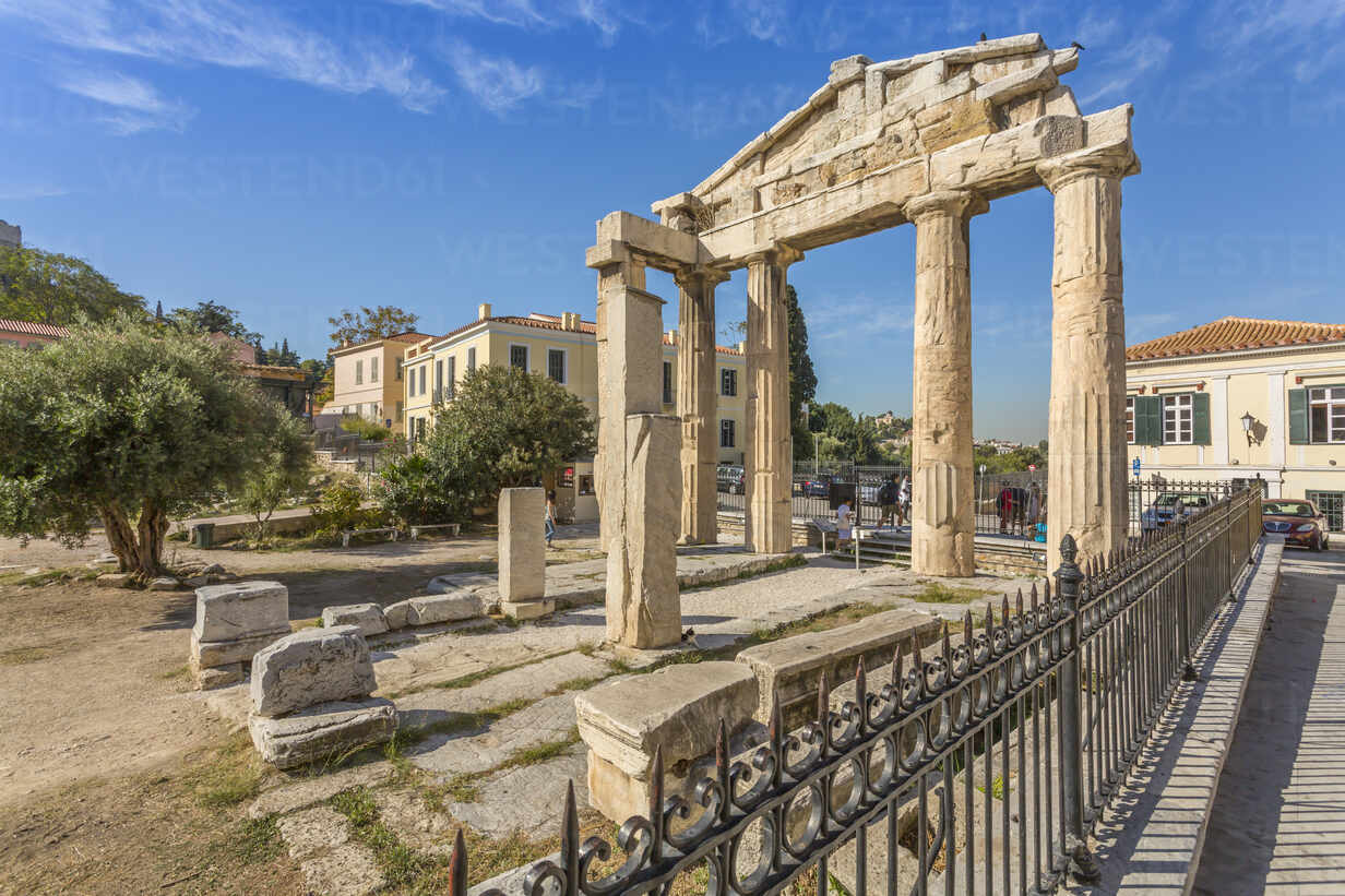 View of the Gate of Athena Archegetis historical landmark at the