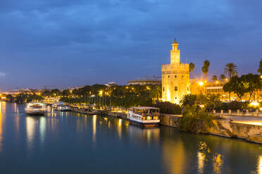 Torre del Oro (Gold Tower) and river Rio Guadalquivir at night, Seville, Andalusia, Spain, Europe - RHPLF04319