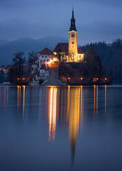 The Church of the Assumption at night, Lake Bled, Slovenia, Europe - RHPLF04465