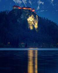 Bled Castle at night, Lake Bled, Slovenia, Europe - RHPLF04471