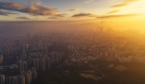 Kowloon and Hong Kong city view at sunset from the Lion Rock mountain peak, Hong Kong, China, Asia stock photo