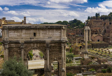 Panoramic view of surviving structures and the Arch of Septimius Severus in the Roman Forum, UNESCO World Heritage Site, Rome, Lazio, Italy, Europe - RHPLF04528