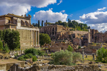 Panoramic view of surviving structures and ancient ruins in the Roman Forum, UNESCO World Heritage Site, Rome, Lazio, Italy, Europe - RHPLF04529