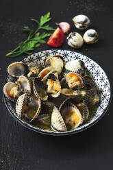 High angle view of clams in plate by ingredients on black background - MAUF02770