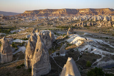 Scenic view of Goreme Open Air Museum against clear sky during sunset, Cappadocia, Turkey - KNTF03035