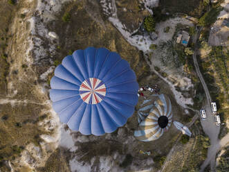 Aerial view of hot air balloons on Goreme National Park, Cappadocia, Turkey - KNTF03141