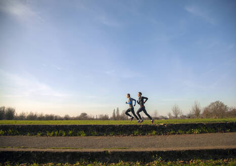 Two teenagers jogging in a park - AJOF00016