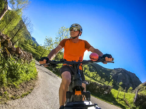 Senior man on mountainbike stock photo