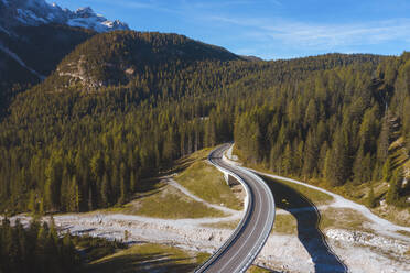 Aerial view of winding road leading towards forest, Italy - WPEF01813