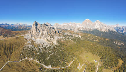 Aerial view of Giau pass and mountains against clear blue sky, Belluno, Italy - WPEF01822