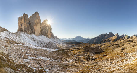 Panoramic view of Tre Cime di Lavaredo against clear sky during winter, Italy - WPEF01824