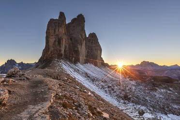 Scenic view of Tre Cime di Lavaredo against clear sky during sunset, Italy - WPEF01831