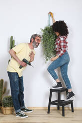 Paar hängt Pflanze an die Wand zu Hause - RTBF01342