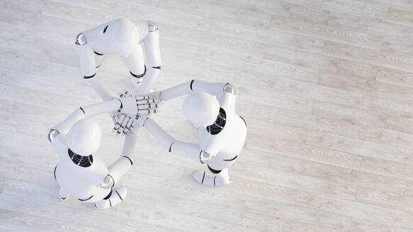 Rendering von drei Robotern, die Hände stapeln - AHUF00579