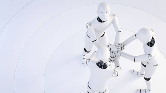 Rendering of three robots stacking hands - AHUF00582