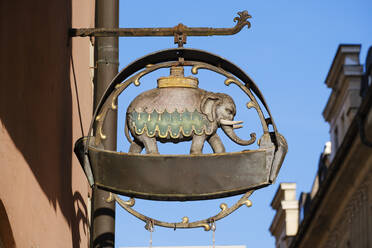 Nahaufnahme eines Elefantenschilds vor einer ehemaligen Apotheke in Regensburg, Oberpfalz, Bayern, Deutschland - SIEF08908