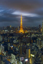 Elevated night view of the city skyline and iconic illuminated Tokyo Tower, Tokyo, Japan, Asia - RHPLF04594