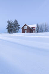 Holzhaus in der Abenddämmerung im schneebedeckten borealen Wald (Taiga), Kiruna, Landkreis Norrbotten, Lappland, Schweden, Skandinavien, Europa - RHPLF04692