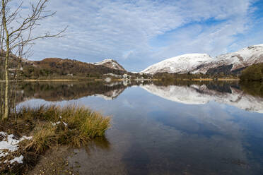 Shoreline and perfect reflection of snow covered mountains and sky in the still waters of Grasmere, Lake District National Park, UNESCO World Heritage Site, Cumbria, England, United Kingdom, Europe - RHPLF04751