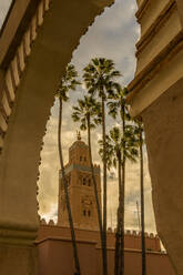 Blick auf die Koutoubia-Moschee und Palmen durch einen Torbogen, UNESCO-Weltkulturerbe, Marrakesch (Marrakech), Marokko, Nordafrika, Afrika - RHPLF04782