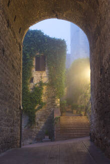 Ein nebliger Blick in der Morgendämmerung auf eine Straße in San Gimignano, UNESCO-Weltkulturerbe, Toskana, Italien, Europa - RHPLF05079