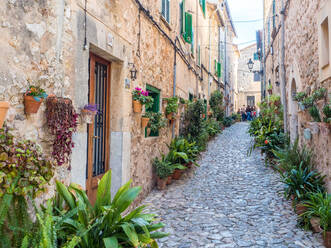 Straße mit Blumen, Valdemossa, Mallorca, Balearische Inseln, Spanien, Mittelmeer, Europa - RHPLF05194