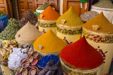 Bags of herbs and spices for sale in souk in the old quarter, Medina, Marrakesh, Morocco, North Africa, Africa - RHPLF05255