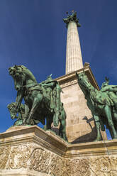 View of Millennium Memorial and the Horseman Memorial from Prince Arpad, Heroes Square, Budapest, Hungary, Europe - RHPLF05260