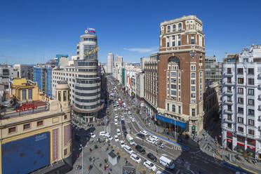 Blick von einem hohen Gebäude auf die Plaza del Callao und die Gran Via, Madrid, Spanien, Europa - RHPLF05280