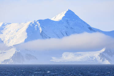 Walblasen und eisige Berge, tiefliegender Nebel, Abendsonne, Bransfield Strait, vor South Shetland Islands, Antarktis, Polargebiete - RHPLF05507