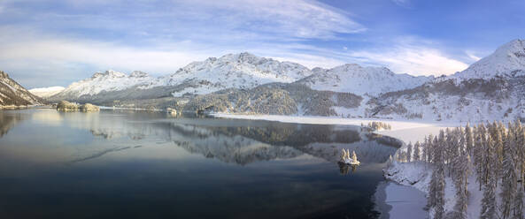 Aerial panoramic view of Lake Sils and Plaun da Lej during winter, Maloja Region, Canton of Graubunden, Engadine, Switzerland, Europe (Drone) - RHPLF05540