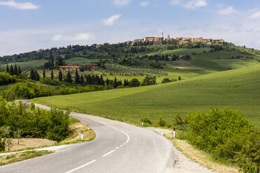 Toskanische Straße, die sich durch grüne Felder in Richtung Pienza schlängelt, Toskana, Italien, Europa - RHPLF05580