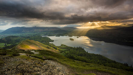 Sonnenaufgang über Derwentwater vom Bergrücken, der zu Catbells im Lake District National Park führt, UNESCO-Weltkulturerbe, Cumbria, England, Vereinigtes Königreich, Europa - RHPLF05596