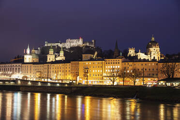 View of the old town, UNESCO World Heritage Site, and Hohensalzburg Castle at dusk, Salzburg, Austria, Europe - RHPLF05608