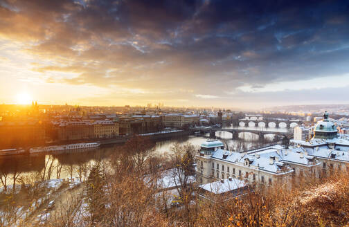 Bridges crossing the Vltava River at sunrise, Prague, Czech Republic, Europe - RHPLF05615