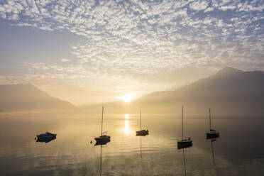 Boote bei Sonnenaufgang, Domaso, Comer See, Lombardei, Italienische Seen, Italien, Europa - RHPLF05699